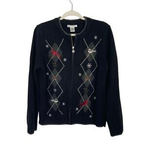 Hannah Black Zip Up Cardigan with Argyle Bird Embroidery